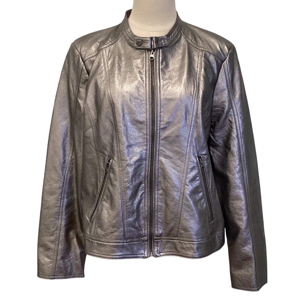 Vera Wang Faux Leather Bomber Moto Jacket - Metallic Gray/Silver -‎ Size XL